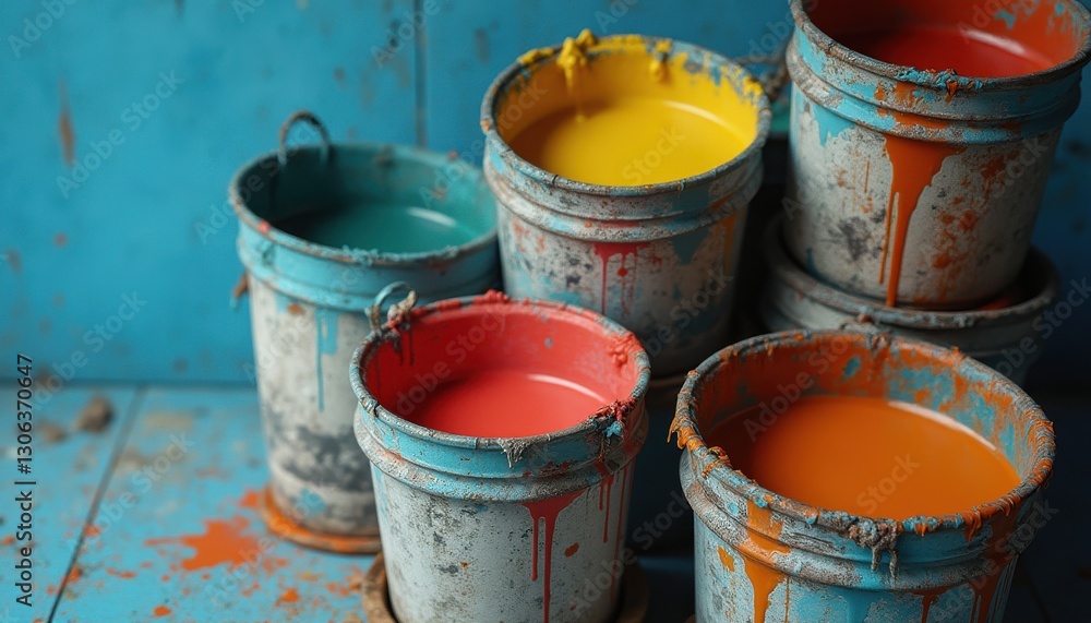 Colorful buckets stacked against a blue wall filled with various hues of paint Colorful buckets stacked against a blue wall filled with various hues of paint