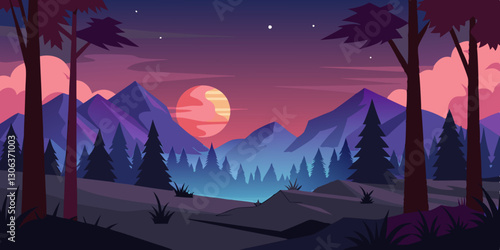 Dusk settling over tranquil forest landscape with colorful mountains and serene waters