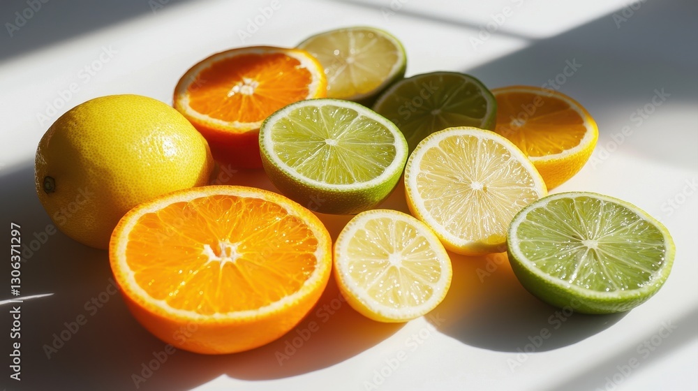 A vibrant arrangement of sliced citrus fruits, including oranges, lemons, and limes, showcasing their juicy interiors under natural light. A vibrant arrangement of sliced citrus fruits, including oranges, lemons, and limes, showcasing their juicy interiors under natural light.