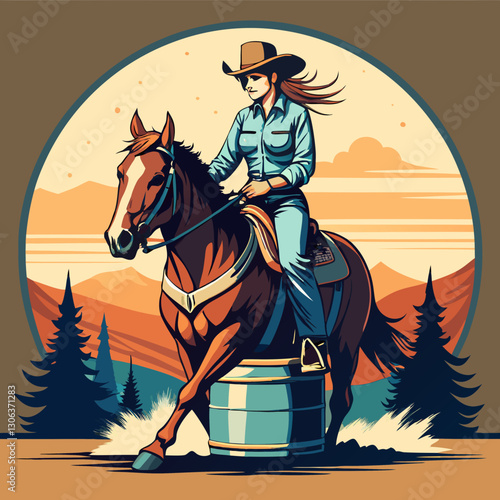 A vector cowgirl riding a horse in a barrel racing competition, logo and t-shirt design