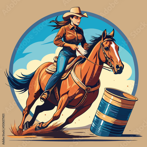 A vector cowgirl riding a horse in a barrel racing competition, logo and t-shirt design