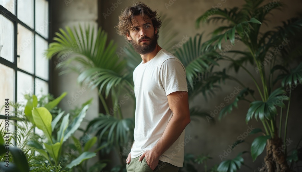 Candid portrait of a casually dressed individual in an indoor garden setting during daylight hours Candid portrait of a casually dressed individual in an indoor garden setting during daylight hours