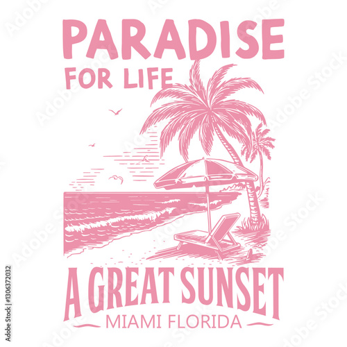 Summer graphic artwork for apparel, poster, sticker and others uses. Surfing Miami. palm tree. big waves. sunset vibes. St. Petersburg, Florida. beach graphic.Miami beach Florida tee print with palm