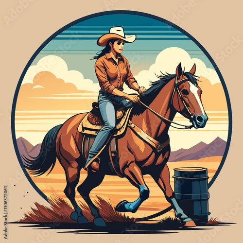 A vector cowgirl riding a horse in a barrel racing competition, logo and t-shirt design