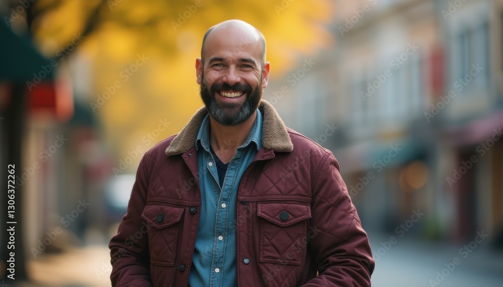 Warm hearted man smiles in an autumn street setting with golden leaves and a cozy atmosphere Warm hearted man smiles in an autumn street setting with golden leaves and a cozy atmosphere