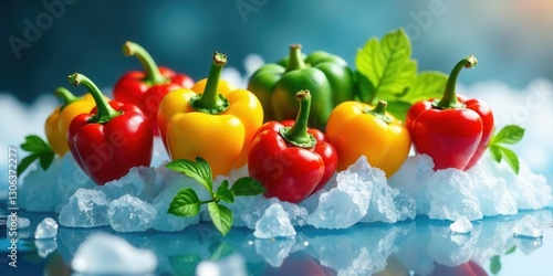 Vibrant bell peppers nestled on a bed of glistening ice cubes, showcasing their freshness and colorful array