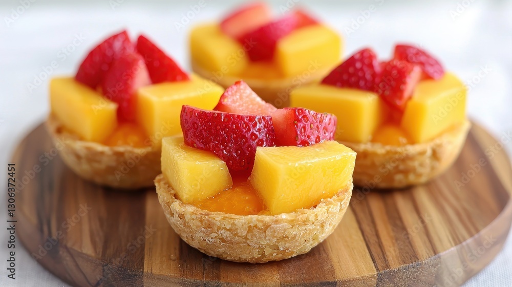 Four fruit tarts topped with fresh strawberries and mango, served on a wooden platter, showcasing a vibrant and delicious dessert. Four fruit tarts topped with fresh strawberries and mango, served on a wooden platter, showcasing a vibrant and delicious dessert.