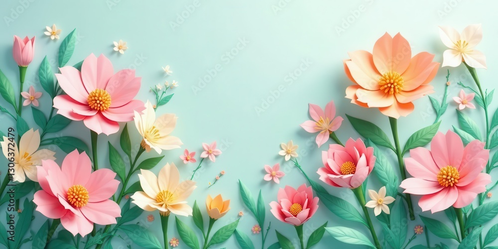 Pastel Paper Flowers Delicate Blooms Arranged in a Serene Composition on a Light Blue Background Pastel Paper Flowers Delicate Blooms Arranged in a Serene Composition on a Light Blue Background