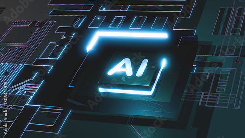 3D rendering artificial intelligence concept Brain over a chip on a circuit board.