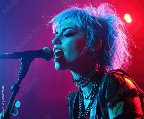 A fierce punk rock singer with electric blue hair passionately performing on stage under neon lights

