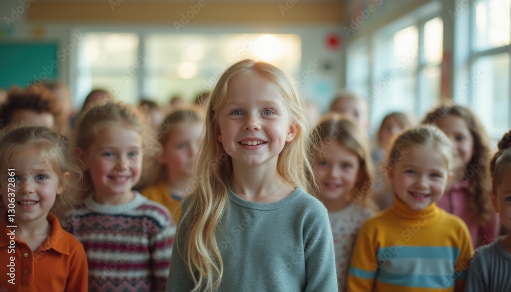 Diverse group of children in a warm classroom during a cheerful group activity Diverse group of children in a warm classroom during a cheerful group activity