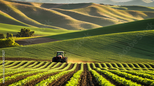 Obraz na plátně Farmer driving a tractor through a field of vibrant green crops with a backdrop