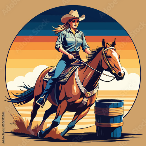 A vector cowgirl riding a horse in a barrel racing competition, logo and t-shirt design
