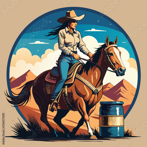 A vector cowgirl riding a horse in a barrel racing competition, logo and t-shirt design