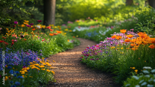 Colorful flower field with a walking path leading through blooming flora