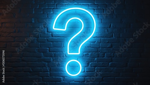 Neon question mark on dark brick wall. Glowing blue light in shape of big question symbol. Illuminated sign art graphic design element for urban nightlife background.
