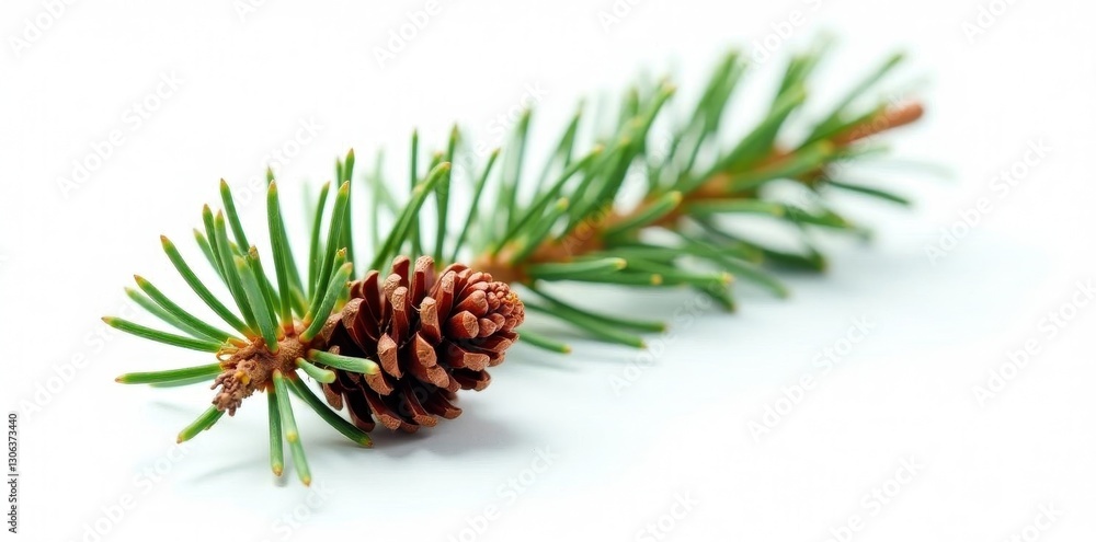 Fototapeta premium A single pine branch with a closed cone, isolated on white , greenery, twig, woodland