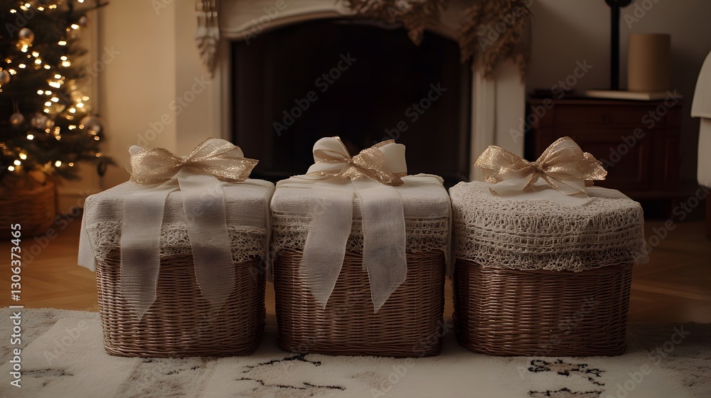 Three Elegant Christmas Gifts in Wicker Baskets with Gold Bows Three Elegant Christmas Gifts in Wicker Baskets with Gold Bows