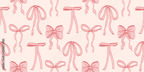 Pink vintage coquettish ribbon bows seamless pattern for fabric, wallpaper, gift wrapping, stationery and digital backgrounds. Elegant and feminine hand-drawn design for romantic creative projects.