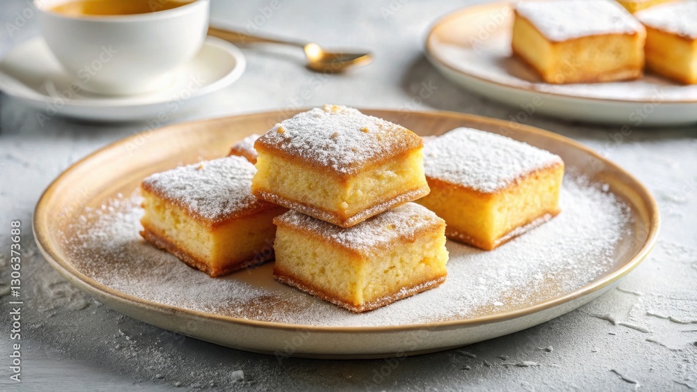 A delightful presentation of golden-brown, square-shaped cakes, delicately dusted with powdered sugar, arranged on an elegant plate, accompanied by a cup of tea. A delightful presentation of golden-brown, square-shaped cakes, delicately dusted with powdered sugar, arranged on an elegant plate, accompanied by a cup of tea.