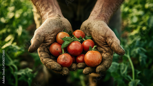 Farmer hands holding freshly picked vegetables with a background of thriving crops