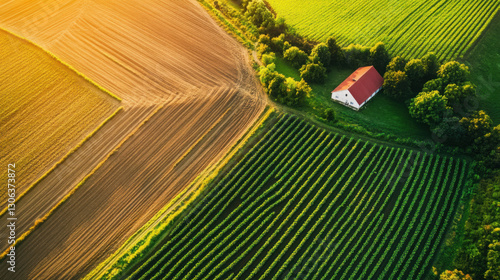 Aerial view of a farm with neatly arranged fields, crop rows, and farm buildings