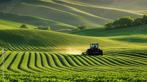 Farmer driving a tractor through a field of vibrant green crops with a backdrop of rolling hills