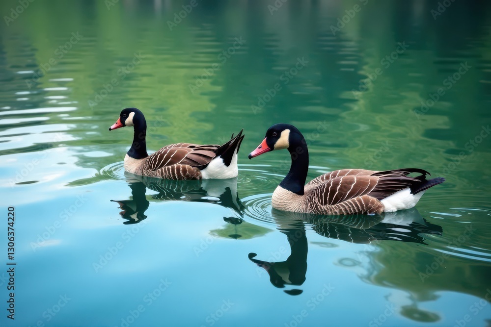 Fototapeta premium Group of geese peacefully floats on tranquil blue lake, photo, landscape