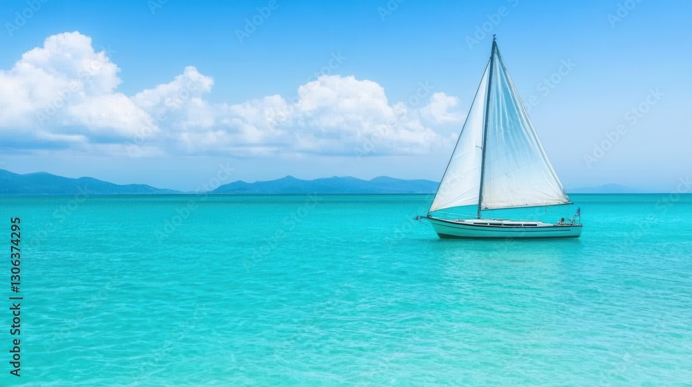 Naklejka premium Tranquil Sailing Boat in Clear Turquoise Water Under Blue Sky