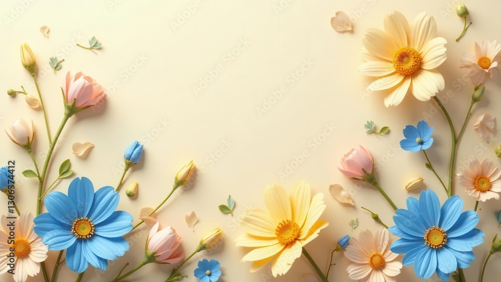 Pastel Paper Flowers Frame Delicate Springtime Blossom Arrangement with Central Copy Space Pastel Paper Flowers Frame Delicate Springtime Blossom Arrangement with Central Copy Space