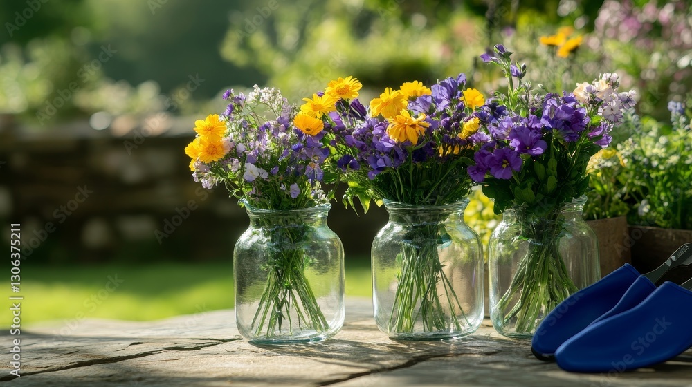 Colorful wildflower in glass jars on a garden table, surrounded by lush greenery and tool Colorful wildflower in glass jars on a garden table, surrounded by lush greenery and tool