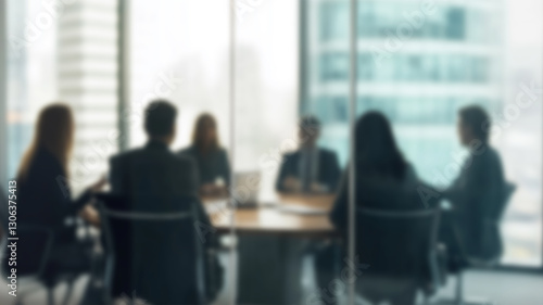Group of businesspeople negotiating gathered in modern conference room, blurred silhouettes view, meeting behind closed glass doors. AI Generated Images