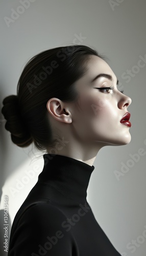 Striking profile of a model with elegant makeup in a minimalist setting during golden hour light