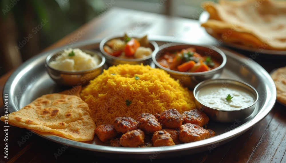 Elaborate dev meal featuring vibrant rice, succulent meat, and fresh vegetables at a bustling restaurant setting Elaborate dev meal featuring vibrant rice, succulent meat, and fresh vegetables at a bustling restaurant setting
