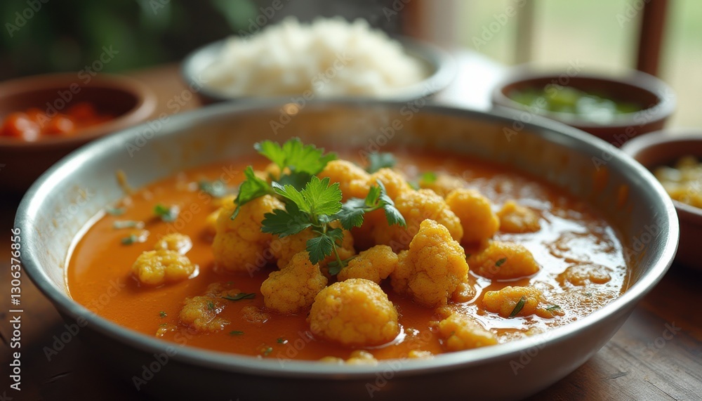 Vibrant dish of cauliflower curry served with rice and assorted condiments in a cozy dining setting at sunset Vibrant dish of cauliflower curry served with rice and assorted condiments in a cozy dining setting at sunset