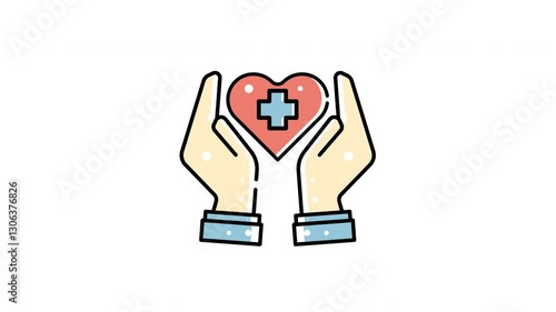 Two hands are holding a red heart with a blue cross animation video design