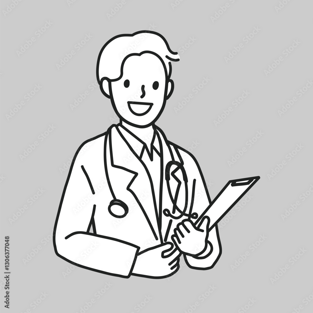 Happy male doctor with stethoscope medical report line art vector Happy male doctor with stethoscope medical report line art vector