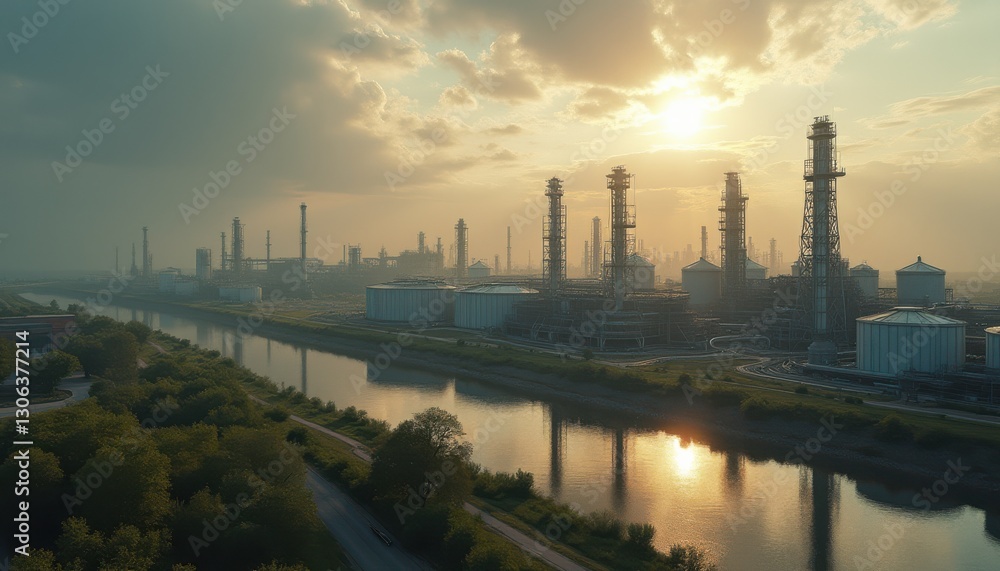 Fototapeta premium Cinematic view of an industrial complex at dawn with a river reflecting the rising sun