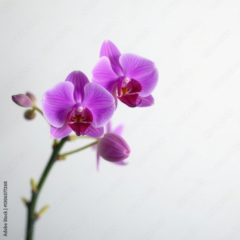 Close-up of a single purple orchid against a stark white backdrop, tropical, botanical, closeup