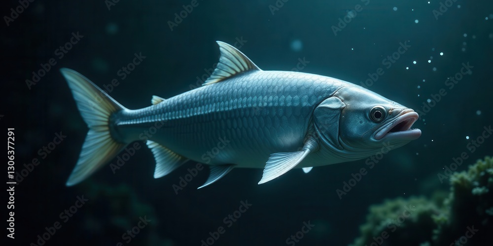 A Single Aquatic Creature Gracefully Navigates the Deep, Dark Waters, Its Scales Gleaming Underneath a Mysterious Underwater Light A Single Aquatic Creature Gracefully Navigates the Deep, Dark Waters, Its Scales Gleaming Underneath a Mysterious Underwater Light