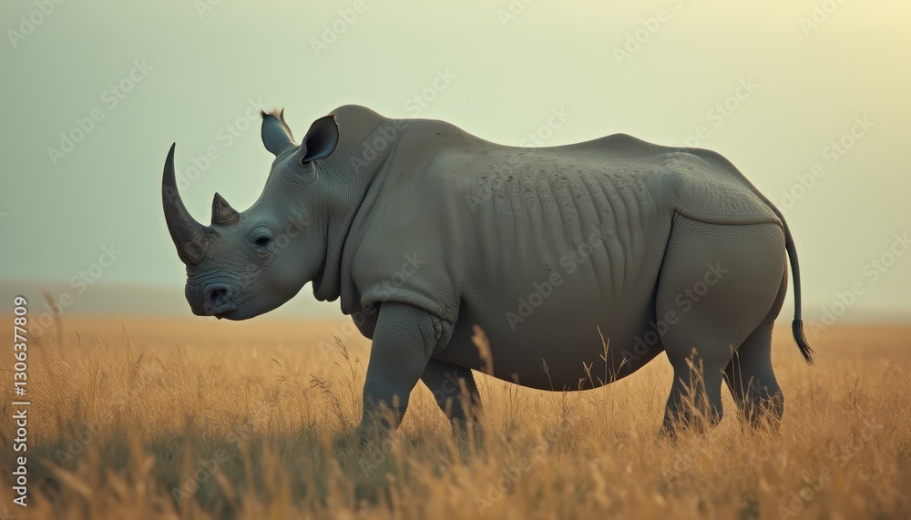 Obraz premium Majestic white rhino roams the golden savanna at dusk capturing the essence of wildlife conservation