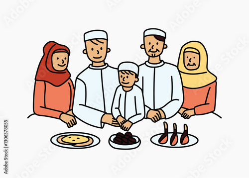 Muslim family having meal doodle collage element vector