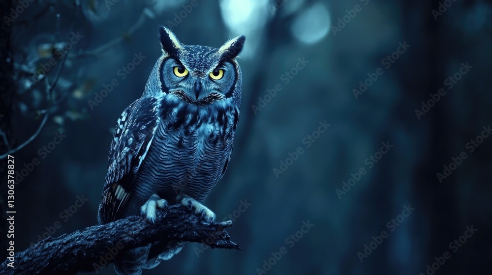A majestic owl perched on a branch looking directly forward A majestic owl perched on a branch looking directly forward