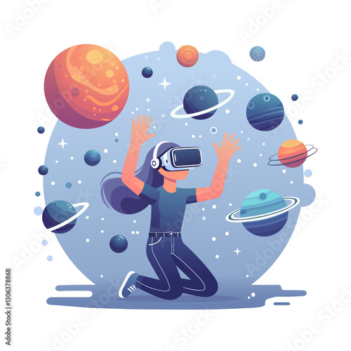 Girl exploring virtual universe, VR education for kids