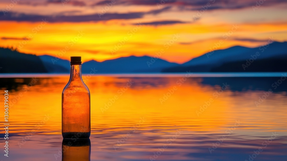 Sunset Reflection on Water with a Bottle in the Foreground Sunset Reflection on Water with a Bottle in the Foreground