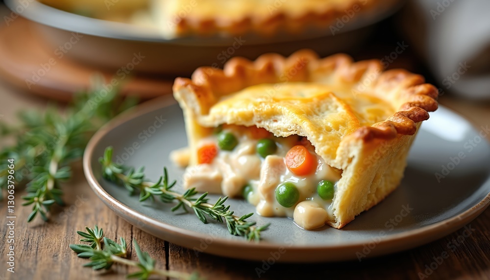Slice of chicken pot pie served on plate. Creamy chicken, vegetables filling inside flaky pastry crust on wooden table. Sprig of thyme as garnish. Tasty homemade cuisine for lunch, dinner. Slice of chicken pot pie served on plate. Creamy chicken, vegetables filling inside flaky pastry crust on wooden table. Sprig of thyme as garnish. Tasty homemade cuisine for lunch, dinner.
