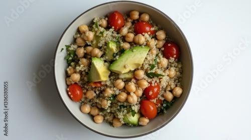 A bowl of quinoa salad with avocado, chickpeas, and cherry tomatoes,