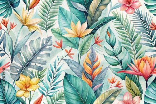 Wallpaper Mural Vibrant Tropical Floral Paradise A Seamless Watercolor Pattern of Lush Greenery and Exotic Blooms Featuring Striking Colors and Intricate Details Torontodigital.ca