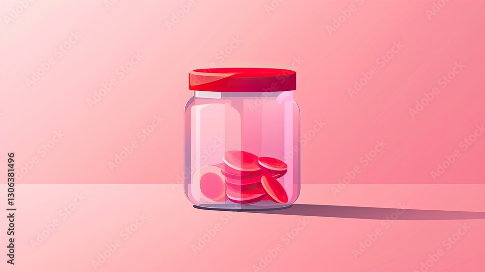 A pink and red jar with coins inside A pink and red jar with coins inside