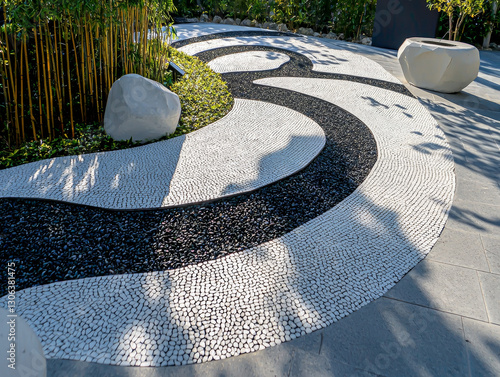 Serpentine pebble pathway, white and black stones, zen garden design photo